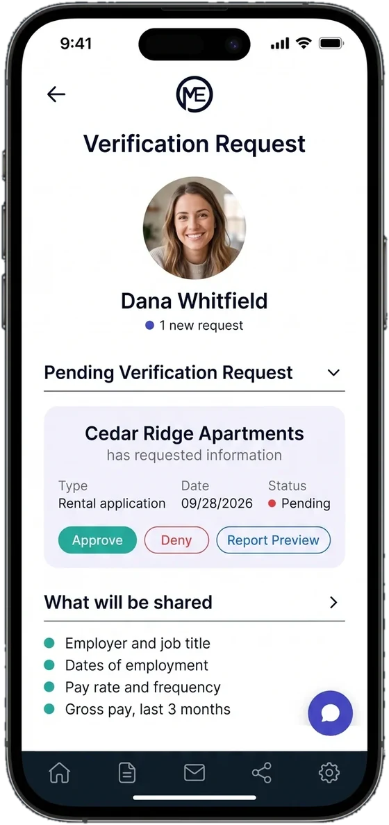 A pending verification request from Cedar Ridge Apartments for a rental application, with Approve and Deny buttons and a list of what will be shared.