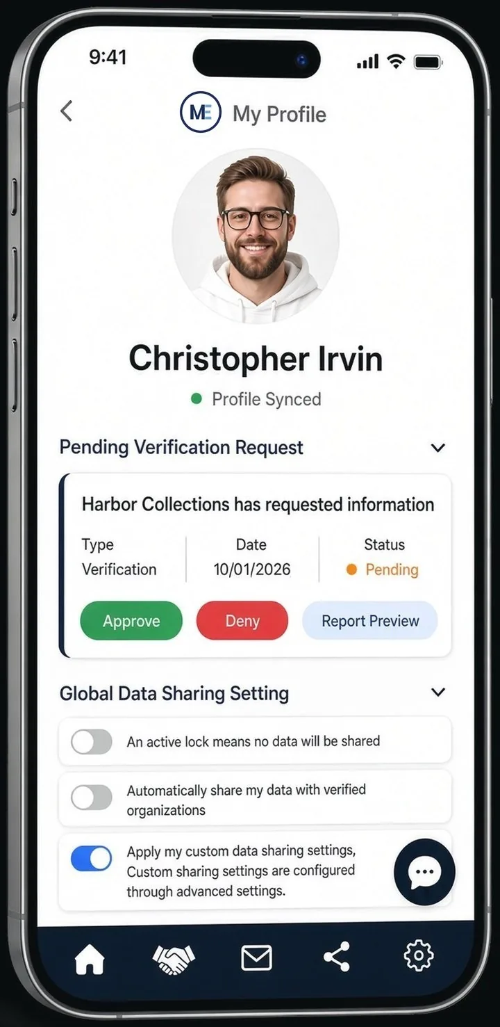 The MyEmployment employee app, My Profile screen, showing a pending verification request from Harbor Collections with Approve, Deny and Report Preview controls, and the global data sharing settings below it.