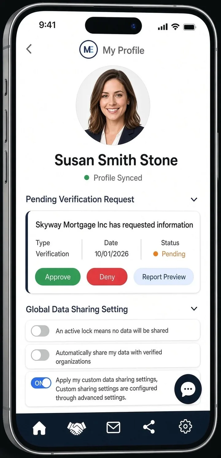 The MyEmployment employee app, My Profile screen, showing a pending verification request from a mortgage lender with Approve, Deny and Report Preview controls.